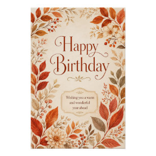 Póster Feliz Aniversário Aquarela Botânica Outono Quente