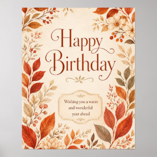 Poster Feliz Aniversário Aquarela Botânica Outono Quente