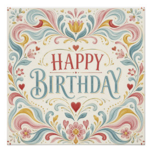 Póster Feliz Aniversário Arte Folclórica Escandinava Rede