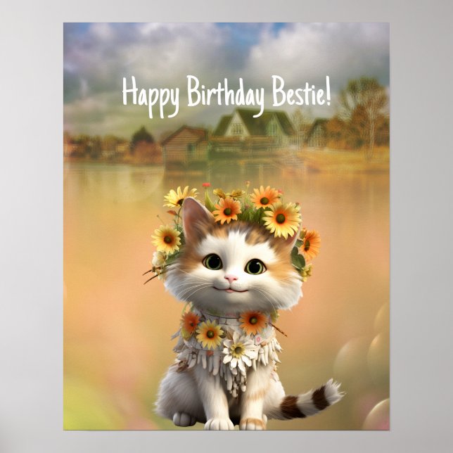 Poster Feliz Aniversário Bestie Cute Boho Cat (Frente)