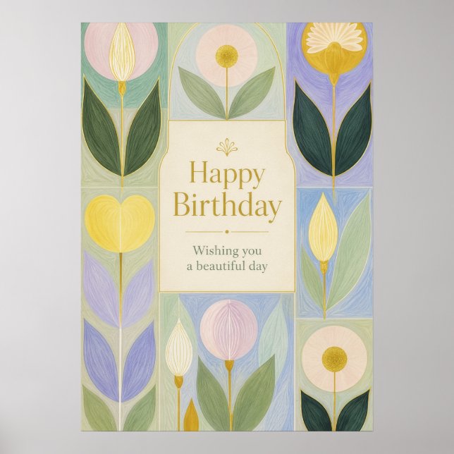 Poster Feliz Aniversário Botânica Moderna Flores em Paste (Frente)
