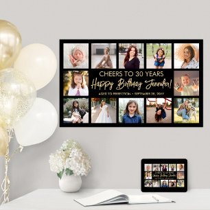 Poster Feliz Aniversário Colagem de Fotos Moderna Preta e