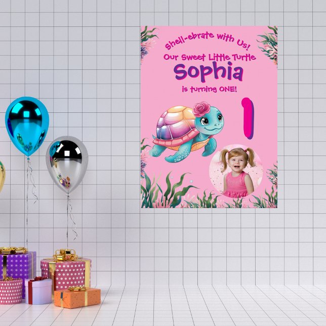Poster Feliz Aniversário da Tartaruga Floral Branca (Criador carregado)