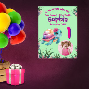 Poster Feliz Aniversário da Tartaruga Floral Branca