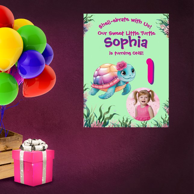 Poster Feliz Aniversário da Tartaruga Floral Branca (Criador carregado)