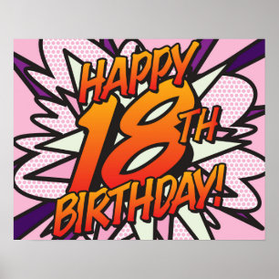 Poster FELIZ ANIVERSÁRIO DE 18 ANOS Comic Book Pop Art ro