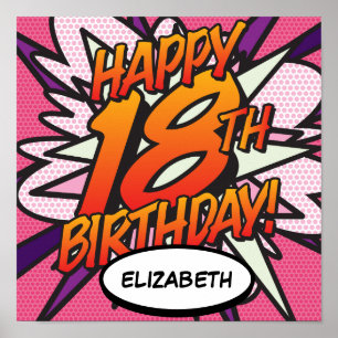 Poster FELIZ ANIVERSÁRIO DE 18 ANOS Comic Book Pop Art ro