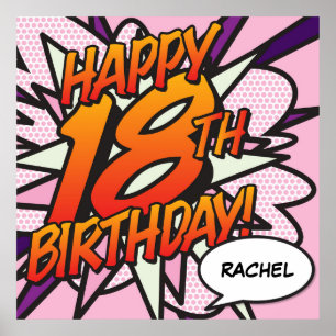 Póster FELIZ ANIVERSÁRIO DE 18 ANOS Quadrinhos Pop Art Ro
