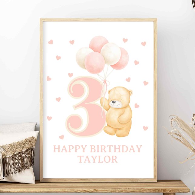 Poster Feliz aniversário de 3 anos Rapariga Rosa Balão Ro (Birthday sign for 3 year old, Pink Balloons and bear for 3rd birthday, Girly personalized birthday)