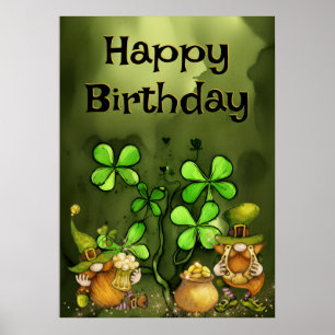 Poster Feliz Aniversário do Irlandês Leprechaun Gnomos e