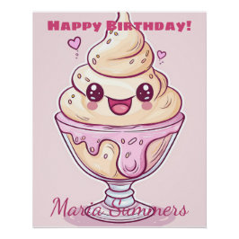 Póster Feliz Aniversário Dondurma Sorvete Kawaii Cartoon 