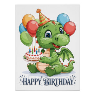 Póster "Feliz Aniversário" Dragão Verde Desenho Animado F
