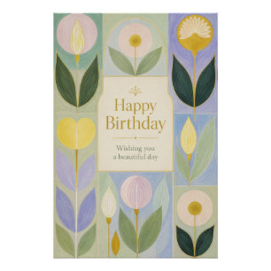 Póster Feliz Aniversário Flores Botânicas Modernas em Pas