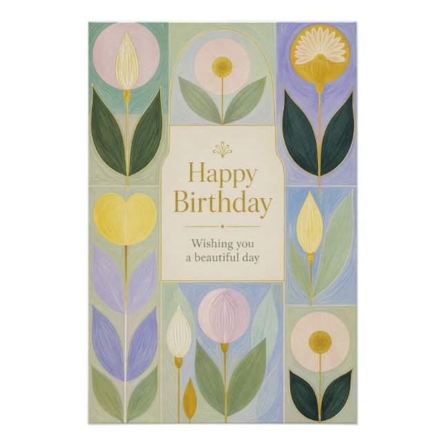 Póster Feliz Aniversário Flores Botânicas Modernas em Pas (Frente)