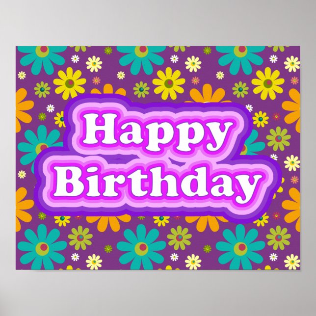 Poster Feliz Aniversário Flores Hippie (Frente)
