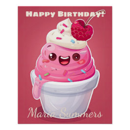 Póster Feliz Aniversário Frozen Yogurt Kawaii Cartoon 