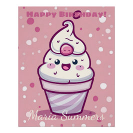 Póster Feliz Aniversário Gelato Sorvete Kawaii Cartoon