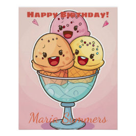 Póster Feliz Aniversário Gelato Sorvete Kawaii Cartoon 2