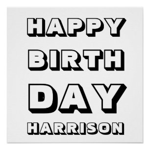 Póster Feliz Aniversário negro, branco, nome personaliza