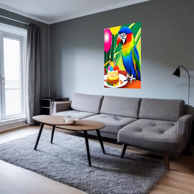 Poster Feliz aniversário, papagaio, balão de bolo | Arte  (Criador carregado)