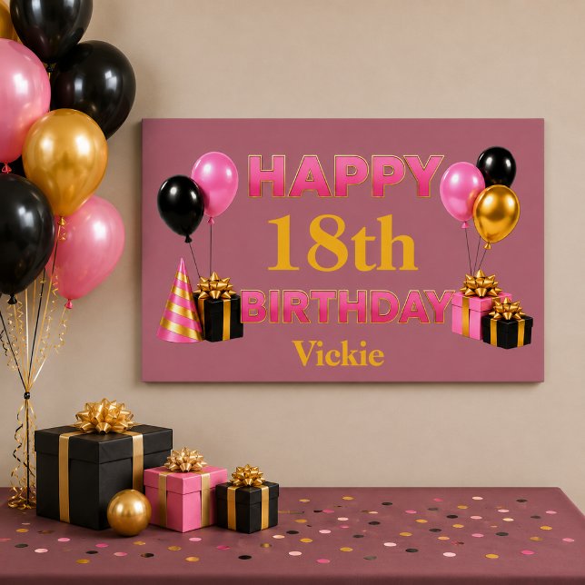 Póster Feliz Aniversário Qualquer Idade Dourado Rosa (Criador carregado)