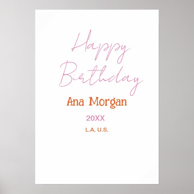 POSTER FELIZ ANIVERSÁRIO ROSA LARANJA NOME SIMPLES ANO LO (Frente)