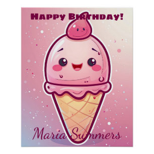 Póster Feliz Aniversário Sorvete de Cereja Kawaii Cartoon