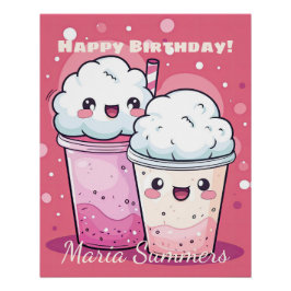 Póster Feliz Aniversário Sorvete De Creme De Neve Kawaii 