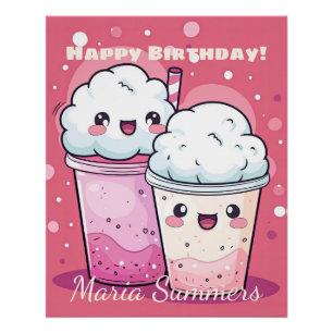 Póster Feliz Aniversário Sorvete De Creme De Neve Kawaii