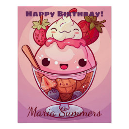 Póster Feliz Aniversário Sorvete de Morango Kawaii