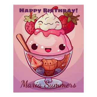 Póster Feliz Aniversário Sorvete de Morango Kawaii