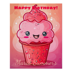 Póster Feliz Aniversário Sorvete Italiano Kawaii Cartoon
