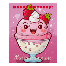 Póster Feliz Aniversário Sorvete Kawaii Cartoon 