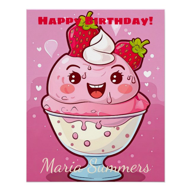 Póster Feliz Aniversário Sorvete Kawaii Cartoon  (Frente)
