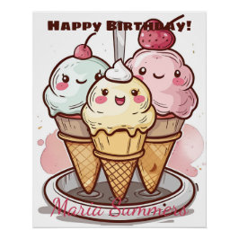 Póster Feliz Aniversário Sorvete Rolado Kawaii Cartoon