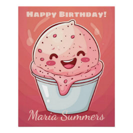 Póster Feliz Aniversário Sorvete Sherbet Kawaii Cartoon 
