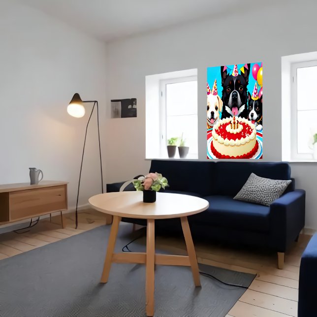 Poster Feliz aniversário, três cachorros e bolo | Arte AI (Criador carregado)
