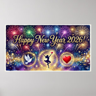 Poster Feliz Ano Novo 2026 Arte decorativa fogos de artif