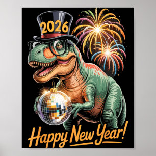 Poster Feliz Ano Novo 2026 Camiseta Dinossauro T-rex Dive