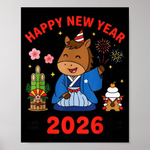 Poster Feliz Ano Novo 2026 Cavalo Fofo Celebração Japones