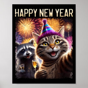 Poster Feliz Ano Novo 2026 Celebração de Gato Guaxinim Fo