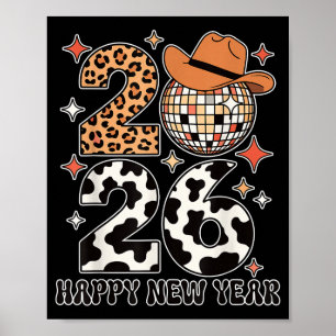 Poster Feliz Ano Novo 2026 Cowgirl Bola de Disco Ocidenta