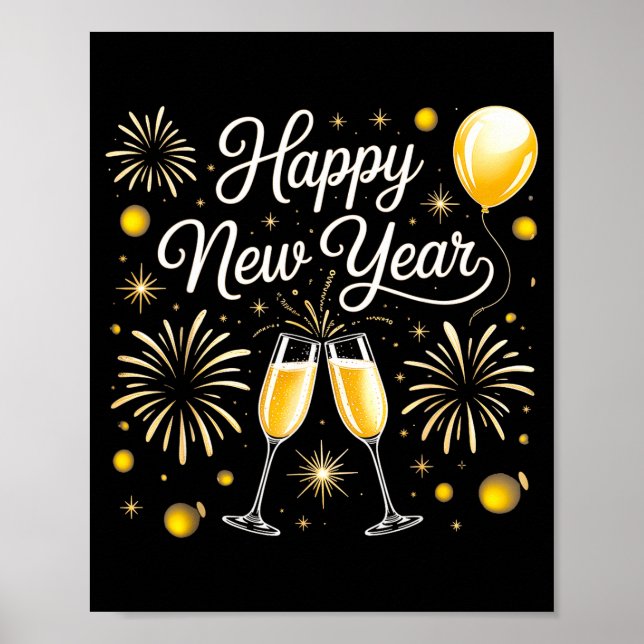 Poster Feliz Ano Novo 2026 Design de Celebração Com Champ (Frente)
