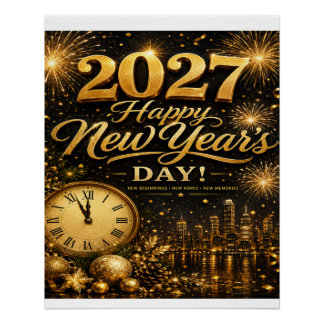Póster Feliz Ano Novo 2027 | Fogos de Artifício Luxuosos