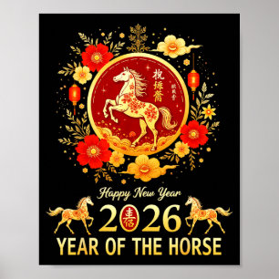 Poster Feliz Ano Novo Chinês 2026 Ano Lunar do Cavalo