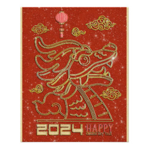 Póster Feliz Ano Novo Chinês Vermelho Dourado do Dragão 2