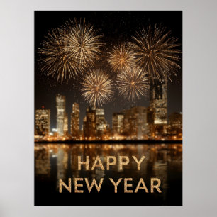 Poster "Feliz ano novo" com o Fireworks sobre uma cidade