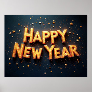 Poster Feliz Ano Novo, elegante preto e dourado,