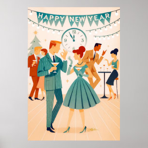 Poster Feliz Ano Novo em Meados do Século A Dança do Mart