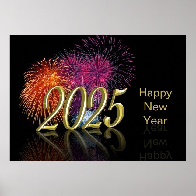 Poster Feliz ano novo Fireworks Dourado 2025 (Frente)